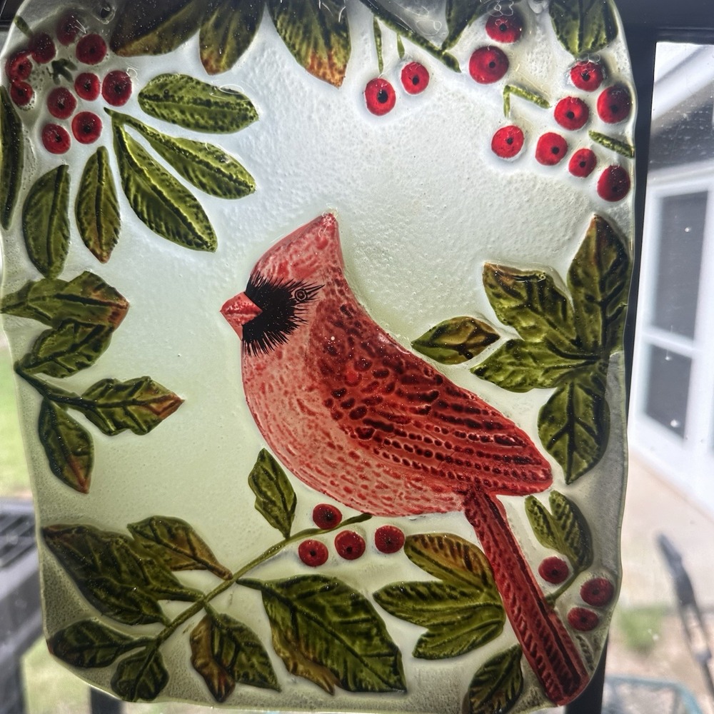 Red Cardinal Artisan Suncatcher Metal Decor Hanger 9" X 7" Holly Branch Glass - Picture 12 of 14